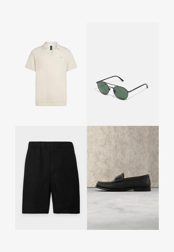 Polo à manches courtes couleur crème, en tissu texturé, col en V avec bordure contrastante. Petit logo discrètement placé à l'avant.; Shorts noirs avec une ceinture élastique, en tissu texturé, de coupe droite sans poches ni accents visibles.; Mocassin en cuir noir avec détail de mors en métal, présenté au-dessus d'un tapis beige, avec une table ronde marron en arrière-plan.; Lunettes de soleil noir en métal avec des verres verts, de forme ovale, monture fine et accents latéraux. Design léger adapté à un usage quotidien.
