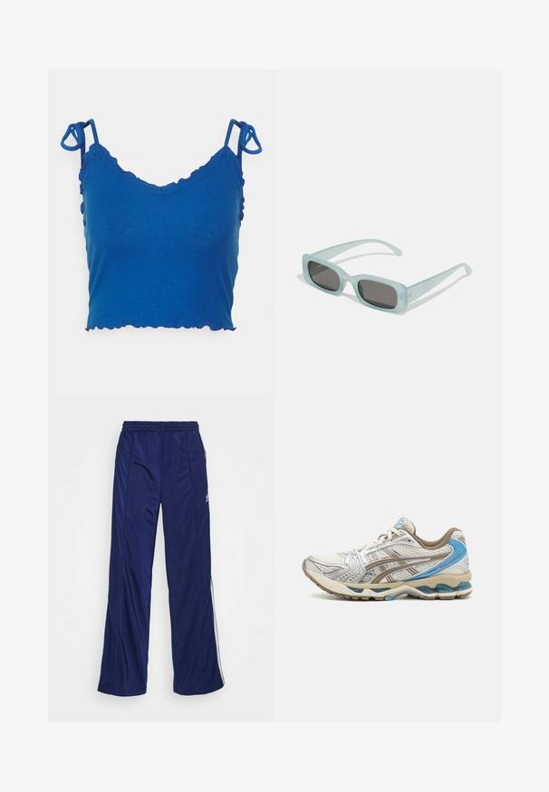 Even&Odd Topp - dark blue; Tumedad spordipüksid elastse vöökohtiga, sirgete jalgade ja külgzippidega. Külgedel on valged äärised. Sile kangastekstuuri.; Valge ja beež jooksujalanõu siniste aktsentidega, võrkkattega pealmise osaga, pehmendusega tallaga ja paeltega disainiga, nähtav välisküljelt.; Kaks ümmargust päikeseprilli, millel on helesinised poolläbipaistvad raamid ja tumehallid objektiivid, sirged tempud ja minimaalsete detailidega riistvara.