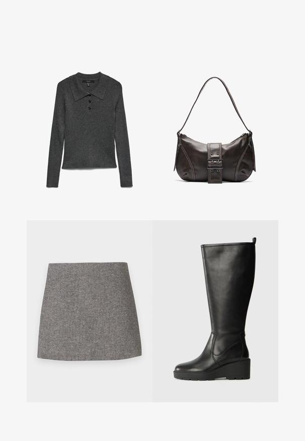 Polo de manga larga con cuello y canalé de color gris oscuro, con tres botones negros en el escote y un dobladillo ligeramente cropped.; Falda con patrón de espiga en tejido gris, con una silueta entallada, textura suave y bajo limpio y recto.; Botín negro de cuero hasta la rodilla con suela de cuña, textura suave, diseño sin costuras y una pequeña pestaña en la parte superior para facilitar su uso.; Bolso de hombro de cuero marrón con forma curva, que presenta un prominente detalle de hebilla, costuras en contraste y una sola correa para el hombro.
