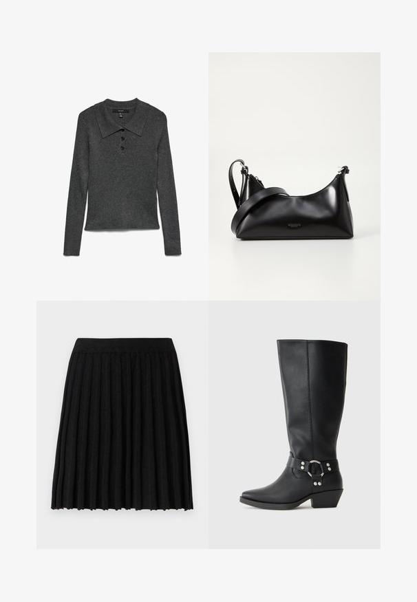 Donkergrijs geribd poloshirt met lange mouwen en kraag, voorzien van drie zwarte knopen bij de halslijn en een iets cropped zoom.; Vero Moda Knitted VMMARINA Short - Minirok - black; Zwarte leren kniehoge laarzen met een spitse neus, voorzien van een decoratieve enkelband en zilveren hardwareaccenten. Lage, gestapelde hak.; Zwarte leren handtas met een gladde textuur. Beschikt over een verstelbare schouderband en een strak, minimalistisch ontwerp met een ritssluiting.