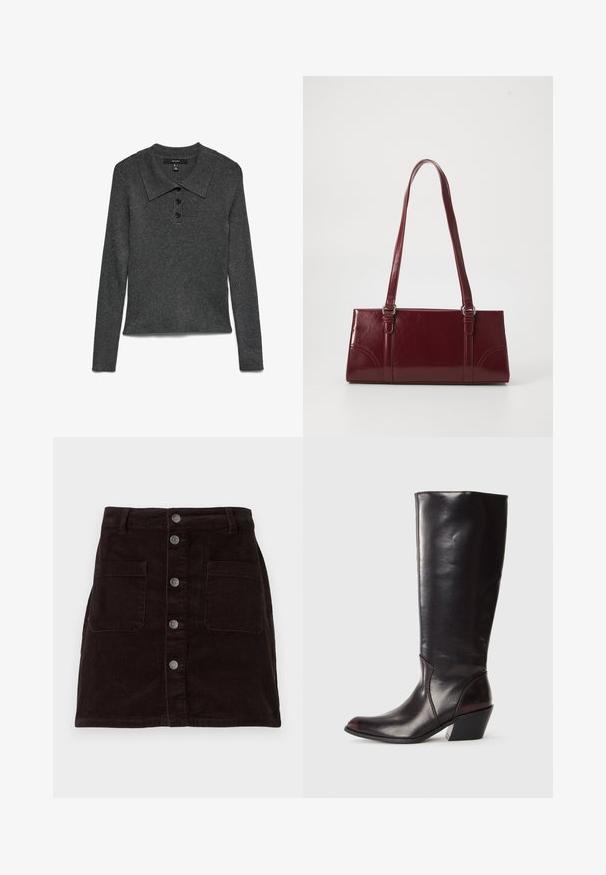 Mørkegrå, ribstrikket polo med lange ærmer og krave, med tre sorte knapper ved halsudskæringen og en let kortet kant.; Brun corduroy nederdel med et tætsiddende design, frontlukning med knapper, to sidelommer og lodret ribbet tekstur hele vejen igennem.; Knæhøj, mørkebrun læderstøvle med spids tå, vinkelret blokhæl og en glat, blank overflade. Har et enkelt design og syningsdetaljer.; Bordeaux håndtaske lavet af glansfuldt materiale, rektangulær form, med to skulderremme og subtile buede detaljer på forsiden.