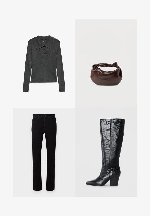 Polo à manches longues gris foncé côtelé avec col, comportant trois boutons noirs au niveau de l'encolure et un ourlet légèrement raccourci.; Jean en denim noir avec une coupe droite. Comprend cinq poches, une fermeture à bouton à l'avant et des détails de couture subtils le long des coutures.; Bottes noires montantes en cuir brillant, avec un bout pointu, une forme structurée, et une sangle décorative avec une boucle en argent.; Sac bandoulière en cuir marron foncé avec une forme souple et décontractée et une anse nouée torsadée sur un fond blanc uni.