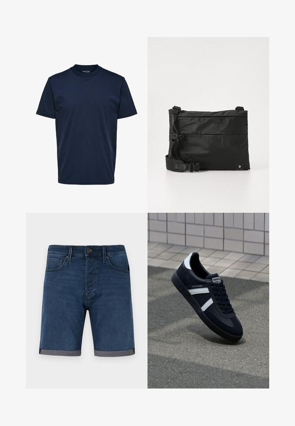 Heren effen donkerblauw T-shirt met korte mouwen en ronde hals, reguliere pasvorm, zonder zichtbare patronen of logo's.; Donkerblauwe denim shorts met opgerolde boorden, knoopsluiting aan de voorkant, rits, en voorzakken tegen een effen lichte achtergrond.; Zwarte leren sneaker met witte strepen, een gestructureerde rubberen zool en vetersluiting aan de voorkant. Voorzien van een merklabel op de tong.; Zwarte nylon boodschappentas met verstelbare riem, plat ontwerp en een zijlabel met een logo. Soepele textuur en minimalistische stijl.