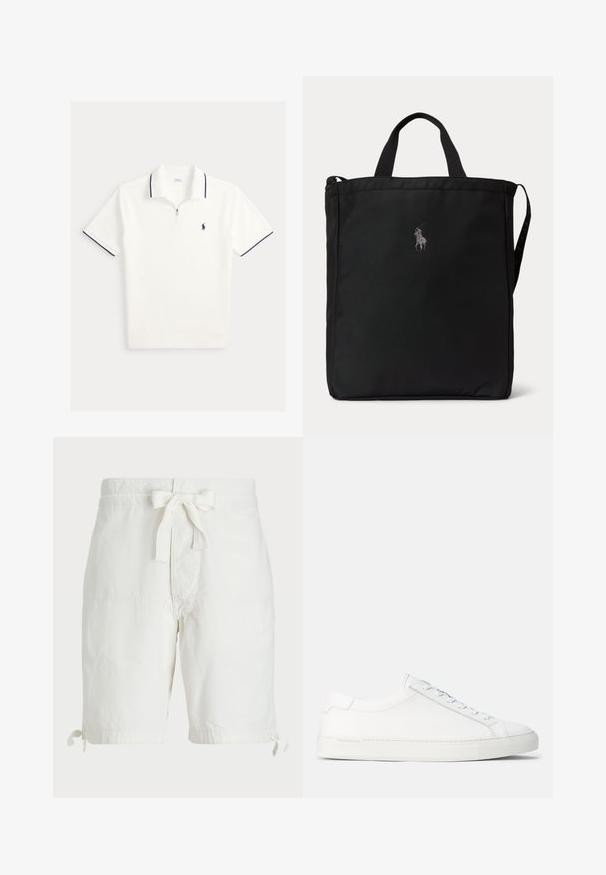 Weißes Poloshirt mit kurzen Ärmeln, marinefarbenem Besatz an Kragen und Ärmeln, Reißverschluss vorne und marinefarben gesticktem Pferdelogo auf der Brust.; Weiße Baumwollshorts mit einem Kordelzug am Bund, umgeschlagenem Saum mit Bindebändern und flachen Vordertaschen. Glatte, leichte Stofftextur.; Weiße Leder-Sneaker mit glatter Textur, abgerundeter Form, flacher Gummisohle und weißen Schnürsenkeln. Verfügt über ein minimalistisches Design und dezente Markenkennzeichnung.; Schwarze rechteckige Tote-Tasche mit kurzen Griffen, einem langen Schulterriemen an der Seite und einem kleinen bestickten Polo-Spieler-Logo in der vorderen Mitte.