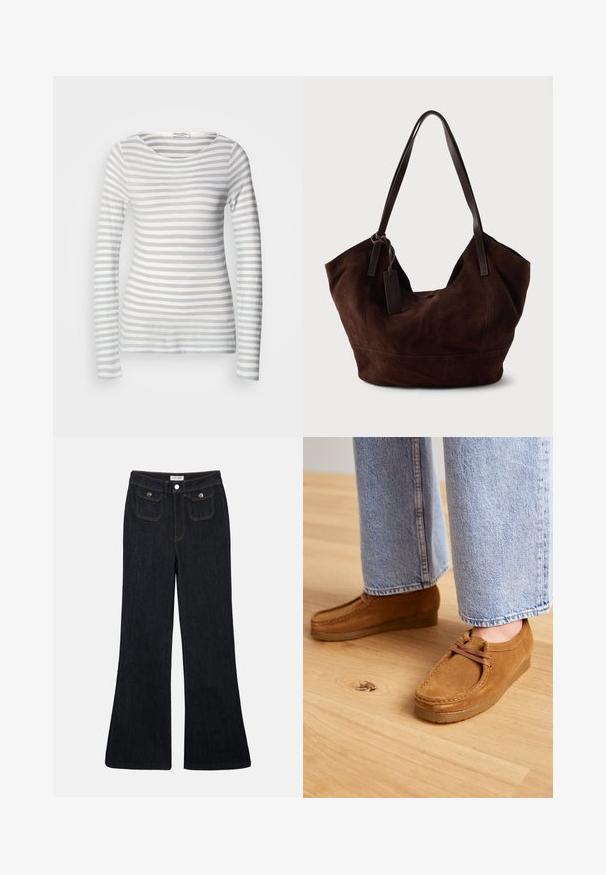 Gestreepte lange mouw top van zachte stof, met afwisselend lichtgrijze en witte strepen. Ronde halslijn en aansluitend ontwerp met lange mouwen.; Flared donkerdenim jeans met een hoge taille, twee voorzakken en oranje stiksels. Het materiaal lijkt stevig en glad.; Bruine suède schoenen met een ronde neus en een tan rubberen zool, voorzien van een simpel vetersysteem, gecombineerd met lichtblauwe denim broek.; Bruine suède handtas met een zachte, slungelige vorm. Voorzien van leren handvatten en een tagaccent. Eenvoudige textuur met gebogen naden.