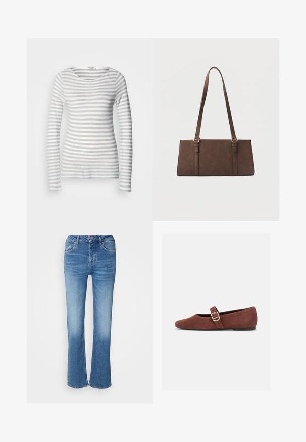 Gestreepte lange mouw top van zachte stof, met afwisselend lichtgrijze en witte strepen. Ronde halslijn en aansluitend ontwerp met lange mouwen.; Lichtblauwe flared jeans van denim. Heeft een hoge taille, vijf zakken en stikdetails. Zachte textuur met een vervaagd wasseneffect.; Bruine suède Mary Jane platte schoen met een gouden gespsluiting en zwarte zool op een witte achtergrond.; Bruine rechthoekige schoudertas met lange riemen en minimale stikdetails op een effen achtergrond.