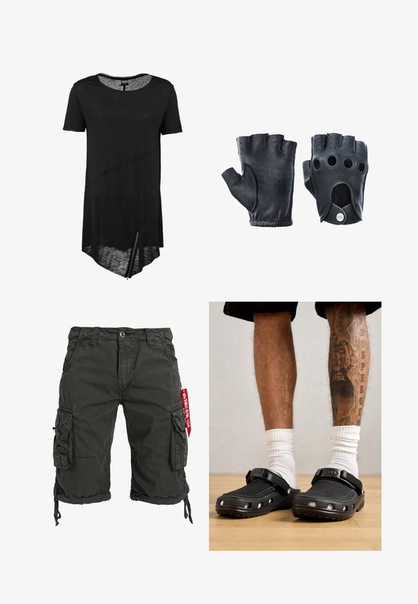 Sort kortærmet t-shirt med rund halsudskæring, asymmetrisk kant, gennemsigtig tekstur og en sidelukning. Blødt, let stof.; Mørkegrønne cargo-shorts lavet af slidstærkt stof, med flere sidelommer, en snor i kanten og en rød mærkeaccent.; Sorte træsko med en struktureret overdel, justerbar rem og ventilationshuller, parret med hvide ankelsokker og shorts over knæene.; Sorte læder fingerløse handsker med struktureret finish. Funktioner inkluderer fire fingerhuller, forstærket syning og en trykknaplukning.