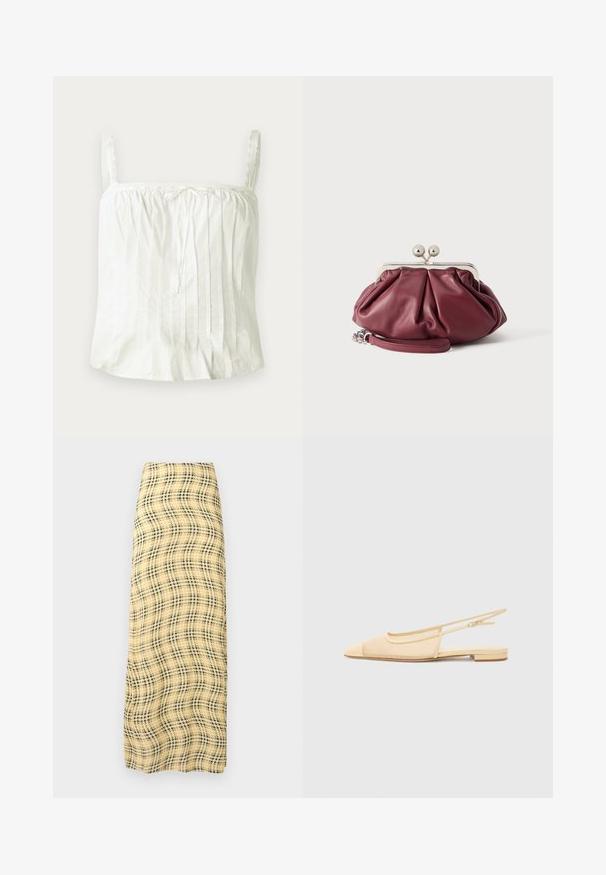 Haut blanc sans manches avec bretelles fines, présentant une texture plissée et des accents en dentelle le long de l'encolure. Tissu en coton léger.; Rabanne Jupe longue - green/yellow/cream; Chaussure plate slingback en beige clair avec une tige en maille, un bout pointu et un petit talon. Dotée d'une sangle ajustable pour un bon maintien.; Petite pochette en cuir bordeaux avec fermoir en métal argenté et bracelet pour poignet sur fond blanc.
