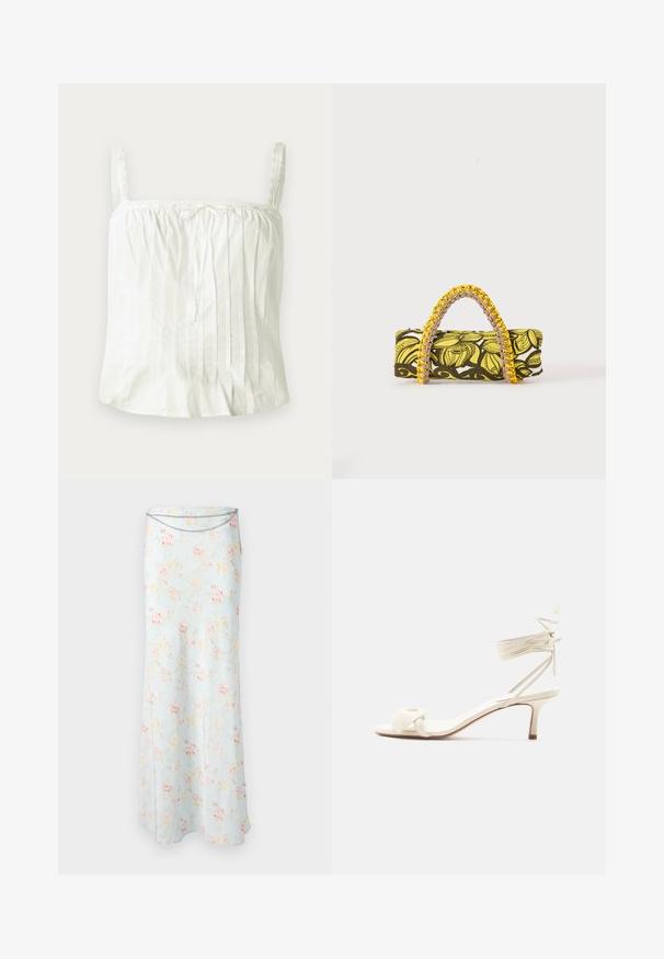 Top blanco sin mangas con tirantes finos, que presenta una textura plisada y acentos de encaje a lo largo del escote. Tela de algodón ligera.; Rabanne Falda larga - pink/blue/green/yellow; Sandalia de tacón bajo color crema con lazos alrededor del tobillo y una amplia tira retorcida sobre los dedos, sobre un fondo blanco liso.; Bolsa rectangular con patrón floral en amarillo y negro y asa trenzada amarilla y rosa sobre fondo blanco.