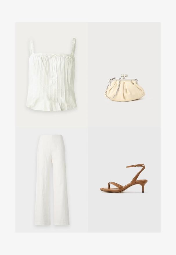 Top blanco sin mangas con tirantes finos, que presenta una textura plisada y acentos de encaje a lo largo del escote. Tela de algodón ligera.; Pantalones de lino blanco de pierna ancha con una textura suave y un diseño de cintura alta. Presenta una silueta simple y limpia sin adornos.; Sandalia de cuero marrón con tiras, tacón bajo de estilo kitten y una correa en el tobillo con una pequeña hebilla, mostrada de lado sobre un fondo liso.; Clutch de cuero beige plisado con un marco de metal plateado, que cuenta con dos broches decorativos redondos y una correa de cadena plateada.