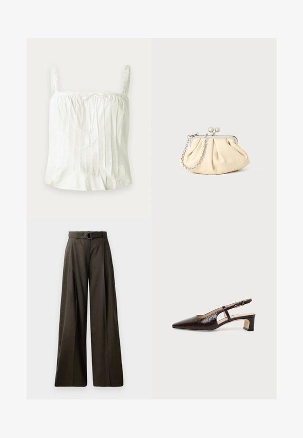 Haut blanc sans manches avec bretelles fines, présentant une texture plissée et des accents en dentelle le long de l'encolure. Tissu en coton léger.; Pantalons taille haute à jambe large en tissu marron foncé avec une texture lisse. Comprend une ceinture assortie avec une boucle circulaire et un design plissé.; Chaussure slingback en cuir marron foncé à texture crocodile, bout pointu, talon bas bloc et bride ajustable avec boucle dorée.; Pochette en cuir beige plissé avec un cadre en métal argenté, dotée de deux fermoirs ronds décoratifs et d'une chaîne en argent.