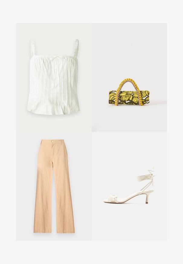Haut blanc sans manches avec bretelles fines, présentant une texture plissée et des accents en dentelle le long de l'encolure. Tissu en coton léger.; Pantalons larges beiges en coton, dotés d'une fermeture éclair à l'avant, d'une fermeture à bouton et de deux poches latérales avec une texture lisse.; Sandale à talon bas de couleur crème avec des liens à nouer autour de la cheville et une large bride torsadée sur les orteils, sur un fond blanc uni.; Sac rectangulaire avec motif floral jaune et noir et anse tressée jaune et rose sur fond blanc.
