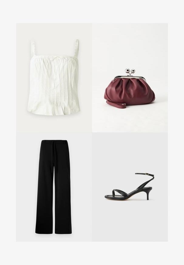 Top blanco sin mangas con tirantes finos, que presenta una textura plisada y acentos de encaje a lo largo del escote. Tela de algodón ligera.; Pantalones anchos de color negro, fabricados en un tejido suave, con cintura elástica y cordón, textura lisa y sin bolsillos ni estampados visibles.; Sandalia negra de cuero para mujer con tiras finas, un lazo para el dedo del pie, hebilla en el tobillo y tacón de aguja de altura media sobre un fondo neutro.; Pequeño bolso de mano de cuero burdeos con cierre metálico plateado y correa de muñeca sobre un fondo blanco.