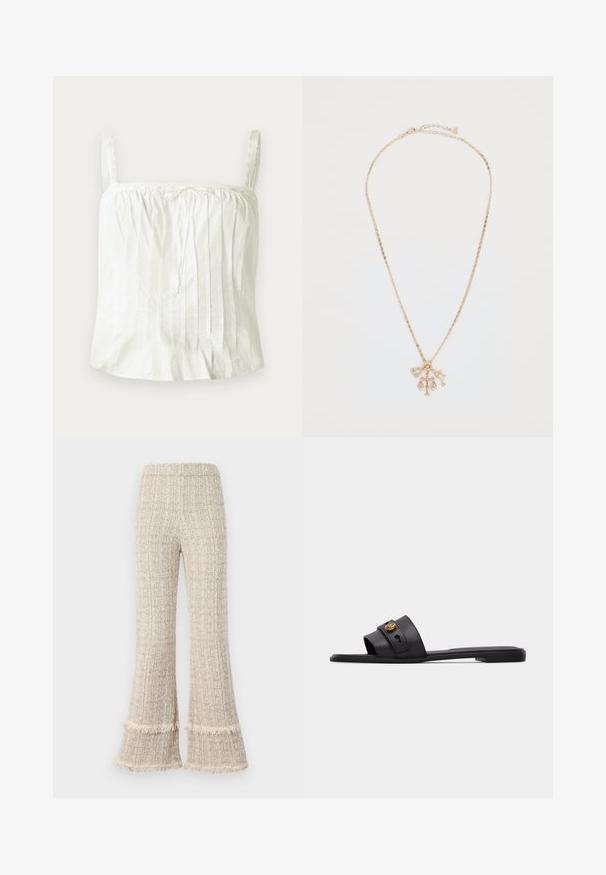 Top blanco sin mangas con tirantes finos, que presenta una textura plisada y acentos de encaje a lo largo del escote. Tela de algodón ligera.; Pantalones de pierna ancha en una tela beige texturizada, con bajos deshilachados y una cintura alta. El diseño ofrece un ajuste relajado y una caída amplia.; Sandalia plana negra tipo slide con una correa ancha que presenta un emblema circular dorado y un pequeño detalle de hebilla sobre un fondo liso.; Collar de oro con una cadena trenzada y múltiples charms: un corazón, una balanza de la justicia y una llave, adornado con pequeñas piedras transparentes.