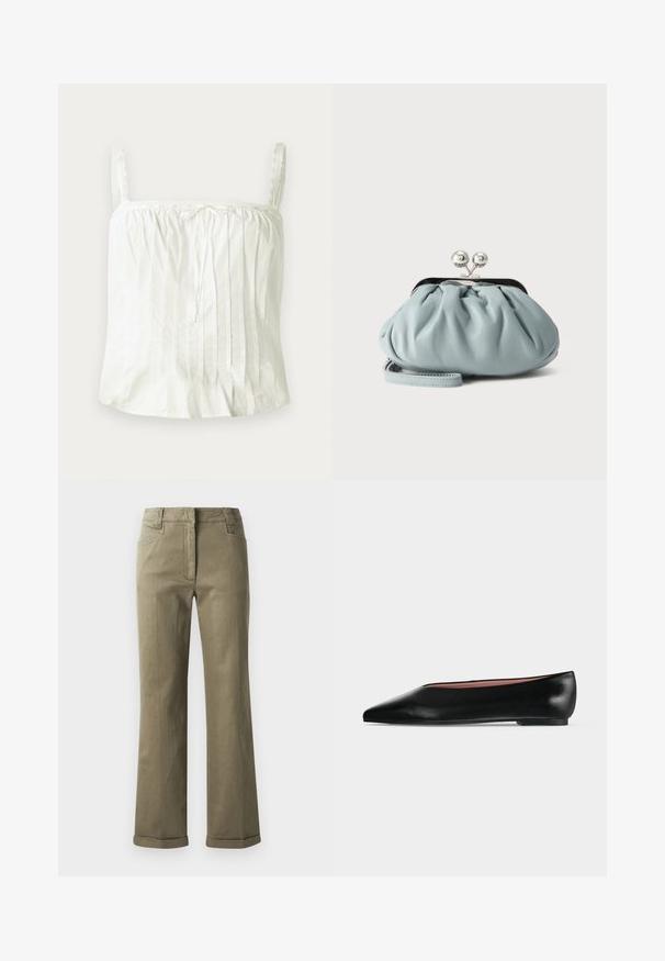 Haut blanc sans manches avec bretelles fines, présentant une texture plissée et des accents en dentelle le long de l'encolure. Tissu en coton léger.; Pantalons larges beige en tissu doux. Comprend un ourlet roulé, des poches avant et une fermeture éclair avec bouton.; Chaussure plate en cuir noir pour femme, avec bout pointu et petit talon, vue de côté sur un fond gris clair uni.; Petit porte-monnaie en cuir bleu clair avec fermoir métallique argenté de type kiss-lock et court bracelet de poignet sur fond uni.