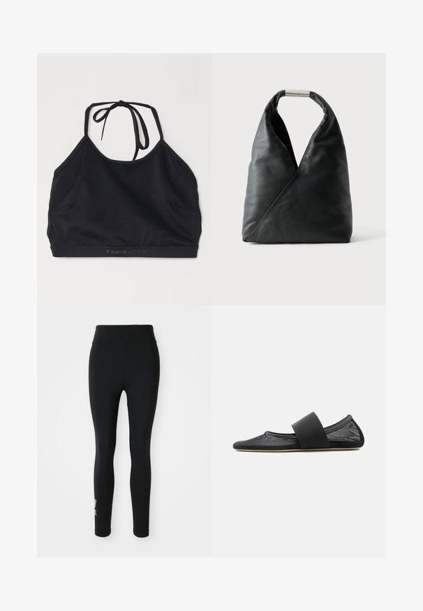Čierny športový crop top vyrobený z elastického materiálu. Má dizajn so zaväzovaním vzadu, výstrih do U a jemné logo pozdĺž lemu.; Čierne legíny vyrobené z elastického materiálu, s vysokým pásom a malou potlačenou logom na jednej nohe. Hladká textúra, priliehavý dizajn.; Čierna plochá sieťovaná obuv so zaoblenou špičkou a širokým elastickým pásikom cez priehlavok, zobrazená z profilu na jednofarebnom pozadí.; Čierna kožená kabelka s mäkkým trojuholníkovým tvarom a strieborným kovovým zapínaním na jednoduchom bielom pozadí.