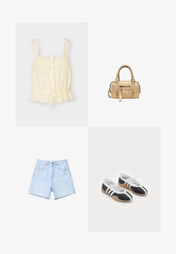 Blouse crème sans manches avec bordure en dentelle, boutons à l'avant, bretelles réglables et ourlet à cordon avec détail volant.; Shorts en denim bleu clair à taille haute, devant plat, avec cinq poches et ourlet brut. Le tissu est légèrement usé avec une décoloration subtile.; Baskets de sport noir et blanc au design élégant, semelle en caoutchouc, fermeture à lacets et trois rayures blanches sur les côtés.; Stradivarius Sac à main - beige