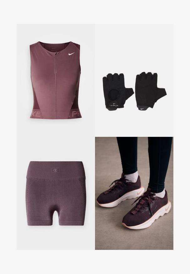 Bezruký top Nike Pro v tmavom bordó odtieni so zipsom vpredu, textúrovanými bočnými panelmi a logom na hrudi. Hladká látka, atletický strih.; Bezšvové pruhované fialové cyklistické šortky s vysokým pásom s malým vyrazeným logom na strednom páse na bielom pozadí.; Vínové športové topánky s textúrovaným pleteným zvrškom, bielou podrážkou a čiernym logom Nike. Majú okrúhle šnúrky a vzorované slučky na šnúrky.; Čierne prstové rukavice bez prstov s textúrovaným dizajnom. Vyrobené z priedušného materiálu, s otvorom na palec a zosilnenou dlaňou pre lepší úchop.