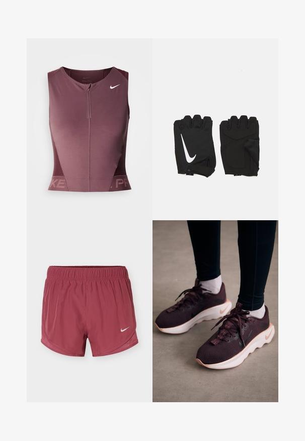 Nike Pro mouwloos topje in donker bordeauxrood met een ritssluiting aan de voorkant, gestructureerde zijpanelen en een logo op de borst. Gladde stof, atletische pasvorm.; Bordeaux Nike hardloopshorts met elastische tailleband en wit Nike swoosh-logo op het rechterbeen tegen een effen achtergrond.; Bordeauxrode sportschoenen met een gewoven bovenwerk, witte zool en zwart Nike-logo. Voorzien van ronde veters en patroonvormige veterlussen.; Zwarte vingerloze fitnesshandschoenen van ademend materiaal, met een wit Nike-logo, gevoerde handpalmen en een open polsontwerp voor flexibiliteit.