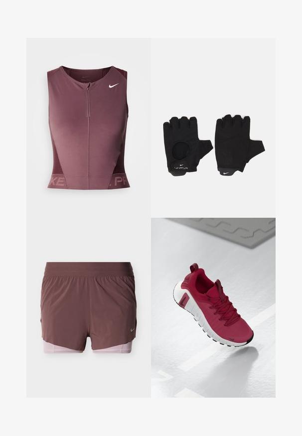 Nike Pro varrukateta topp tumedas burgundia värvitoonis, ees lukuga, tekstuuriga külgpaneelidega ja rinnal logoga. Sile kangas, sportlik lõige.; Lühikesed püksid sügavas mauve-toonis, mis on kerge disainiga, lai vöökohaga ja roosa sisemise voodriga. Küljel on väike logo detail.; Punane spordijalats tekstureeritud ülemise osa, paelte ja paksu valge tallaga. Omab kontrastset musta varbakorki ja logo küljes.; Mustad sõrmeotsadeta mustad kindad, millel on tekstuuriga disain. Valmistatud hingavast materjalist, millel on suurendatud peopesa haarde tagamiseks ja sõrmeava.