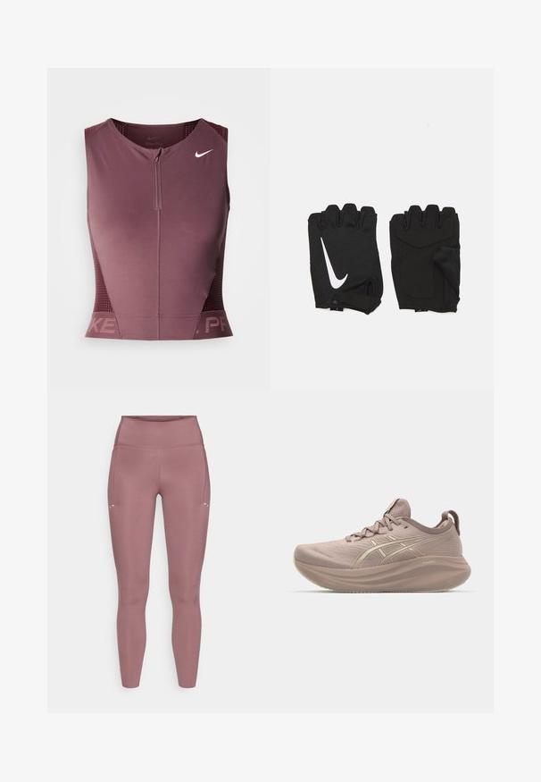 Nike Pro ærmeløs top i mørk bordeaux med lynlås foran, teksturerede sidepaneler og et logo på brystet. Glat stof, atletisk pasform.; Figursyet, højttaljede leggings i dæmpet rosafarve. Fremstillet af glat, elastisk stof med sidelomme og minimale syningsdetaljer.; Lyserød løbesko med et strømlinet design, tekstureret overdel og en puffet sål. Har et logo og et minimalistisk snøresystem.; Sorte fingerløse træningshandsker lavet af åndbart stof, med et hvidt Nike-logo, polstrede håndflader og et åbent håndledsdesign for fleksibilitet.