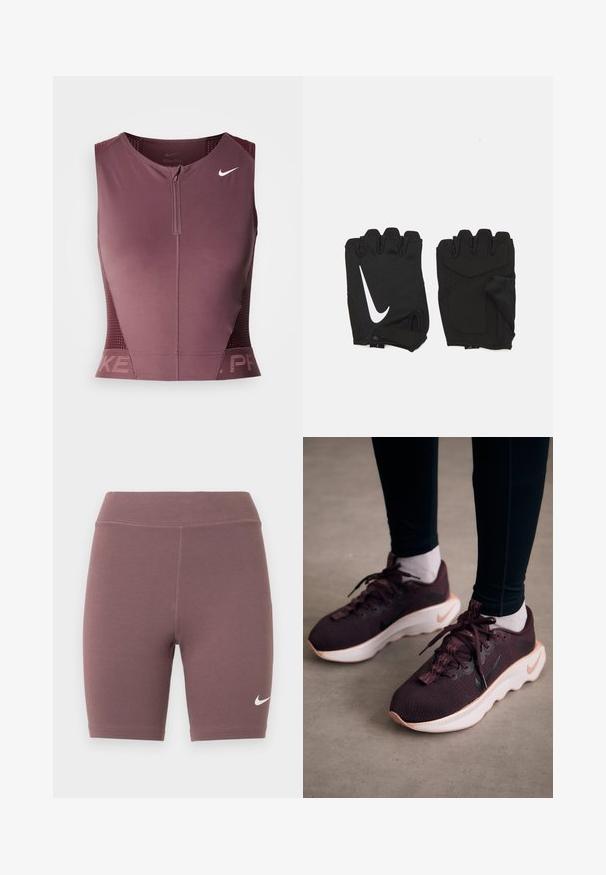 Nike Pro mouwloos topje in donker bordeauxrood met een ritssluiting aan de voorkant, gestructureerde zijpanelen en een logo op de borst. Gladde stof, atletische pasvorm.; Fietsbroekjes in een gedempte mauve kleur, gemaakt van rekbare stof. Heeft een hoge tailleband en een klein wit Nike Swoosh-logo.; Bordeauxrode sportschoenen met een gewoven bovenwerk, witte zool en zwart Nike-logo. Voorzien van ronde veters en patroonvormige veterlussen.; Zwarte vingerloze fitnesshandschoenen van ademend materiaal, met een wit Nike-logo, gevoerde handpalmen en een open polsontwerp voor flexibiliteit.