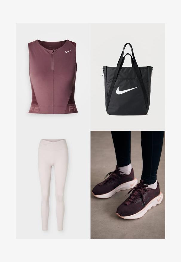 Nike Pro mouwloos topje in donker bordeauxrood met een ritssluiting aan de voorkant, gestructureerde zijpanelen en een logo op de borst. Gladde stof, atletische pasvorm.; Lichtbeige naadloze leggings met hoge taille en een overslagceintuur detail, plat liggend afgebeeld tegen een witte achtergrond.; Bordeauxrode sportschoenen met een gewoven bovenwerk, witte zool en zwart Nike-logo. Voorzien van ronde veters en patroonvormige veterlussen.; Zwarte nylon draagtas met twee schouderbanden, voorzien van een grote witte Nike-logo, ritssluiting en een strak rechthoekig ontwerp.