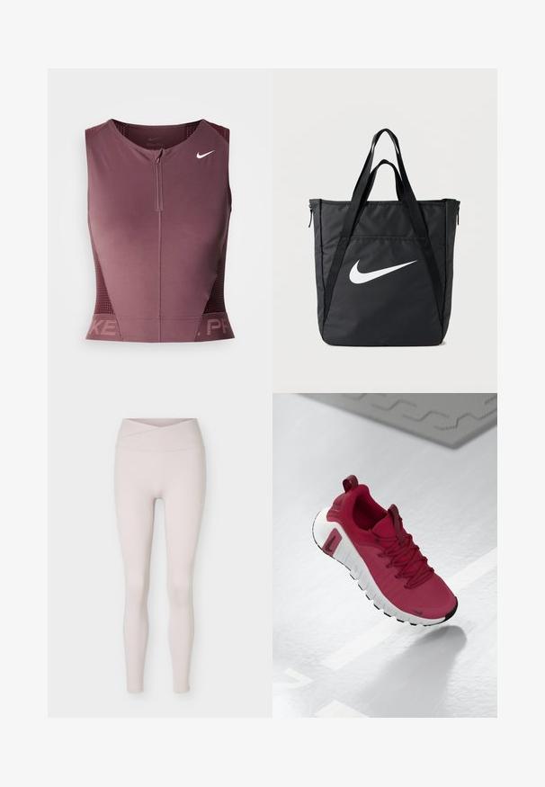 Bezruký top Nike Pro v tmavom bordó odtieni so zipsom vpredu, textúrovanými bočnými panelmi a logom na hrudi. Hladká látka, atletický strih.; Svetlo béžové legíny s vysokým pásom bez švov, s detailom prekrytia pásu, zobrazené na bielom pozadí.; Červená atletická obuv s textúrovaným zvrškom, šnúrkami a hrubou bielou podrážkou. Má kontrastný čierny špic a logo na boku.; Čierna nylonová taška na rameno s dvomi popruhmi, s veľkým bielym logom Nike, zapínaním na zips a elegantným obdĺžnikovým dizajnom.