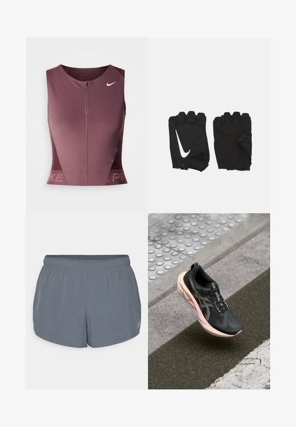 Nike Pro ærmeløs top i mørk bordeaux med lynlås foran, teksturerede sidepaneler og et logo på brystet. Glat stof, atletisk pasform.; Grå athletic shorts med en blød tekstur, elastisk talje og en let buet kant. Har små perforeringer for åndbarhed.; Sorte løbesko med en struktureret strikket overdel, pink sål og reflekterende detaljer. Har flade snørebånd og polstret krave.; Sorte fingerløse træningshandsker lavet af åndbart stof, med et hvidt Nike-logo, polstrede håndflader og et åbent håndledsdesign for fleksibilitet.