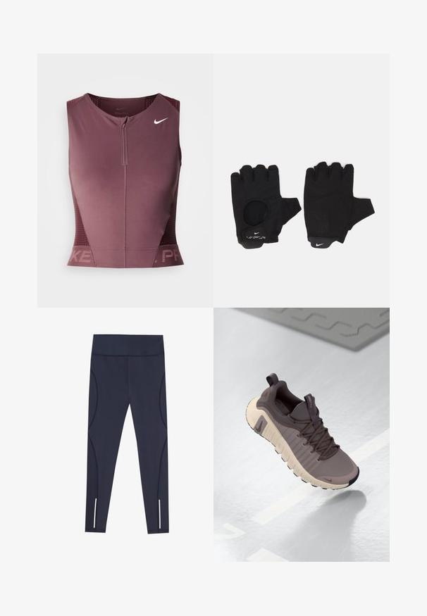 Nike Pro ærmeløs top i mørk bordeaux med lynlås foran, teksturerede sidepaneler og et logo på brystet. Glat stof, atletisk pasform.; Navy blå leggings lavet af strækbart stof, med en høj talje og buede sidesømme, samt reflekterende detaljer ved anklerne.; Nike Free sneakers i grå og beige, med en tekstureret overdel, fleksibel sål, snøresystem og træksløjfe ved hælen for nem påtagning.; Sorte fingerløse handsker med et tekstureret design. Lavet af et åndbart materiale, med en tommelfingeråbning og forstærket håndflade for bedre greb.