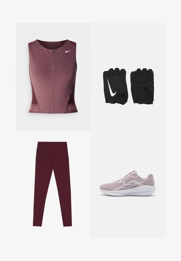 Haut sans manches Nike Pro en bordeaux foncé avec une fermeture éclair à l'avant, des panneaux latéraux texturés et un logo sur la poitrine. Tissu lisse, coupe athlétique.; Leggings bourgogne taille haute, pleine longueur, avec poches latérales et coutures visibles le long des jambes, posées à plat sur un fond blanc.; Baskets de sport rose clair avec une tige en mesh respirante, des accents blancs, un col rembourré et une semelle en caoutchouc texturé pour une meilleure adhérence.; Gants de gym sans doigts noirs en tissu respirant, avec un logo blanc Nike, des paumes rembourrées et un design ouvert au niveau du poignet pour plus de flexibilité.