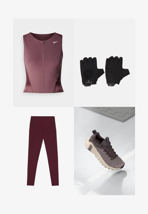 Αμάνικη μπλούζα Nike Pro σε σκούρο μπορντό χρώμα με εμπρόσθιο φερμουάρ, υφασμάτινες πλευρικές λεπτομέρειες και λογότυπο στο στήθος. Λείο ύφασμα, αθλητική εφαρμογή.; Ψηλόμεσοι, πλήρους μήκους μπορντό κολάν με πλαϊνές τσέπες και εμφανή ραφή κατά μήκος των ποδιών, τοποθετημένα επίπεδα σε λευκή βάση.; Nike Free αθλητικά παπούτσια σε γκρι και μπεζ, διαθέτοντας υφή ανώτερης επιφάνειας, ευέλικτη σόλα, σύστημα κορδονιών και θηλιά στη φτέρνα για εύκολη χρήση.; Μαύρα γάντια χωρίς δάχτυλα με υφή. Φτιαγμένα από αναπνεύσιμο υλικό, με τρύπα για τον αντίχειρα και ενισχυμένη παλάμη για καλύτερη λαβή.