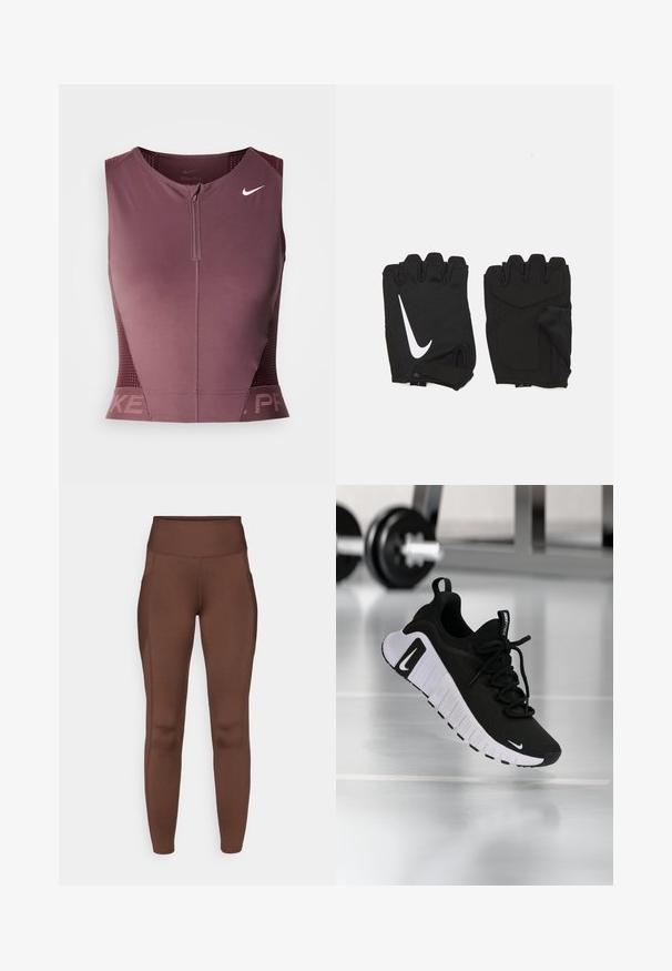 Haut sans manches Nike Pro en bordeaux foncé avec une fermeture éclair à l'avant, des panneaux latéraux texturés et un logo sur la poitrine. Tissu lisse, coupe athlétique.; Leggings marron extensibles avec une taille haute, dotés de poches latérales et d'une texture lisse. Les coutures soulignent la forme.; Chaussure de sport noire avec une tige en tissu texturé, une semelle blanche et un système de laçage prononcé. Présente un logo Nike et un design doux et rembourré.; Gants de gym sans doigts noirs en tissu respirant, avec un logo blanc Nike, des paumes rembourrées et un design ouvert au niveau du poignet pour plus de flexibilité.