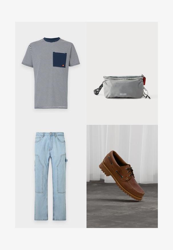 Ellesse HIRST TEE - Camiseta estampada - navy; Pantalones cargo de mezclilla azul claros con pernera recta, que cuentan con grandes bolsillos laterales, costuras en contraste y un cierre de botón en la cintura.; Zapato náutico de cuero marrón con cordones negros, costuras beige y una suela resistente, suspendido sobre un suelo de hormigón gris.; Bolsa rectangular gris con cremalleras, asa de cuerda en negro y blanco en un lado y texto "ONLY & SONS" en el centro frontal.