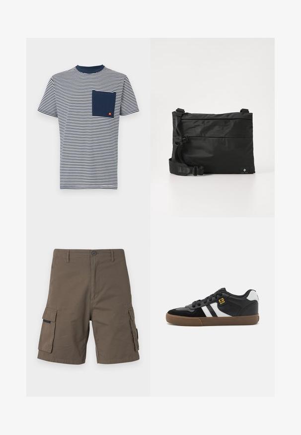Ellesse HIRST TEE - T-shirt imprimé - navy; Shorts cargo en vert olive, fabriqués en coton, dotés de deux poches latérales, d'une fermeture à bouton et d'un design droit.; Baskets noir et blanc avec une tige en daim et en cuir, présentant des rayures blanches, des lacets noirs et une semelle en caoutchouc marron. Accents de logo dorés.; Sac messager en nylon noir avec une sangle réglable, un design plat et une étiquette latérale arborant un logo. Texture lisse et style minimaliste.