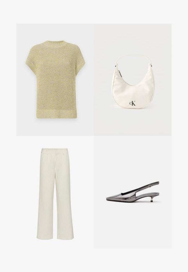 Top de punto de manga corta en amarillo claro con sutiles motas grises. Presenta un cuello redondo acanalado y una tela texturada con un ajuste holgado.; Pantalones de pierna ancha en tela color crema con sutiles rayas verticales, con cintura plana y lazos para cinturón. Textura suave sin bolsillos.; Zapato slingback gris metálico con punta puntiaguda, tacón bajo tipo kitten y correa ajustable sobre fondo blanco.; Pequeño bolso blanco en forma de media luna con correa corta, cierre de cremallera y logo negro "cK" en el frente.