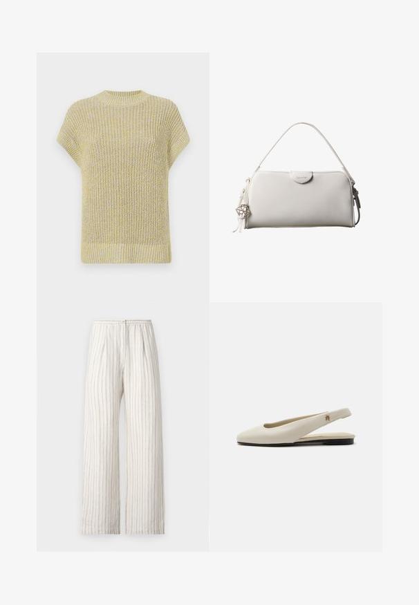 Haut en tricot à manches courtes de couleur jaune clair avec de subtils éclats gris. Doté d'un col rond à côtes et d'un tissu texturé avec une coupe décontractée.; Samsøe Samsøe SATOVE TROUSERS - Pantalon classique - egret; Chaussure plate slingback en cuir couleur crème avec un bout arrondi et un petit emblème doré sur la bride.; Sac à main rectangulaire blanc Calvin Klein avec une seule poignée, design minimaliste et pampilles décoratives avec un charm métallique géométrique sur le côté.