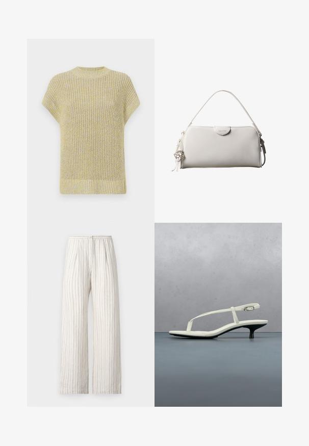 Top de punto de manga corta en amarillo claro con sutiles motas grises. Presenta un cuello redondo acanalado y una tela texturada con un ajuste holgado.; Samsøe Samsøe SATOVE TROUSERS - Pantalones - egret; Sandalia blanca de tacón kitten con tiras y punta afilada, flotando sobre un suelo de baldosas de madera al aire libre, con un fondo desenfocado de plantas y pared.; Bolso rectangular blanco de Calvin Klein con un solo asa, diseño minimalista y borlas decorativas con un charm metálico geométrico en el lateral.