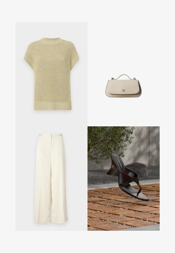 Top de punto de manga corta en amarillo claro con sutiles motas grises. Presenta un cuello redondo acanalado y una tela texturada con un ajuste holgado.; Pantalones de pierna ancha en crema, hechos de una tela suave. Presentan una cinturilla plana en la parte delantera, pliegues a lo largo de las piernas y un corte relajado en general.; Sandalia de tiras con tacón marrón de Calvin Klein suspendida sobre suelo exterior de loseta de madera y grava, con fondo desenfocado de vegetación y piedras.; Pequeño bolso de mano de cuero beige con asa superior y logo plateado de CK en la solapa frontal, mostrado sobre un fondo blanco.