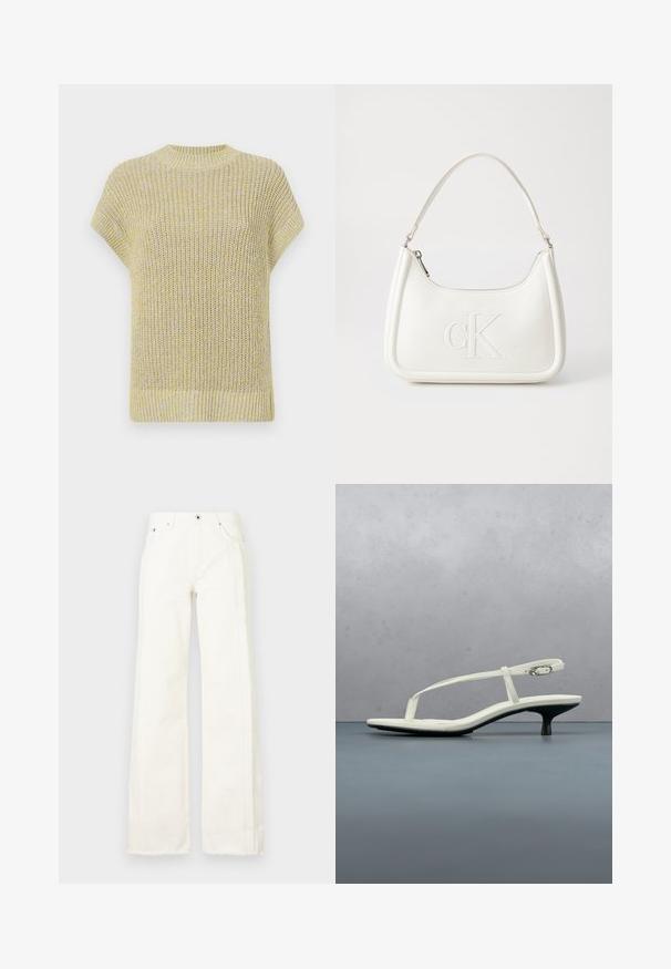 Top de punto de manga corta en amarillo claro con sutiles motas grises. Presenta un cuello redondo acanalado y una tela texturada con un ajuste holgado.; Vaqueros blancos de pernera ancha, fabricados en denim, con bordes deshilachados a lo largo de los lados, bolsillos delanteros y un cierre clásico de botón y cremallera.; Sandalia blanca de tacón kitten con tiras y punta afilada, flotando sobre un suelo de baldosas de madera al aire libre, con un fondo desenfocado de plantas y pared.; Bolso de mano de cuero blanco con forma curvada, con un logo "CK" en relieve en la parte delantera y una sola correa para el hombro. Cierre de cremallera en la parte superior.