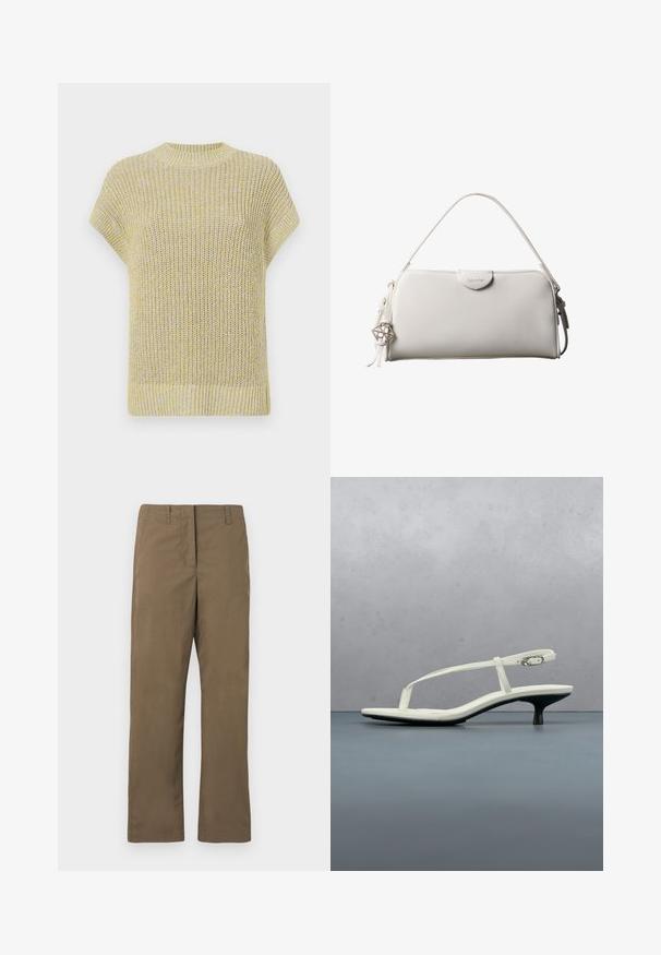 Haut en tricot à manches courtes de couleur jaune clair avec de subtils éclats gris. Doté d'un col rond à côtes et d'un tissu texturé avec une coupe décontractée.; Pantalons droits marron en tissu mélangé de coton. Comprend des passants de ceinture, une poche avant et une texture lisse sans motifs.; Sandale blanche à talon kitten avec des lanières et un bout pointu, flottant au-dessus d'un sol en carrelage en bois en plein air avec un arrière-plan flou de plante et de mur.; Sac à main rectangulaire blanc Calvin Klein avec une seule poignée, design minimaliste et pampilles décoratives avec un charm métallique géométrique sur le côté.