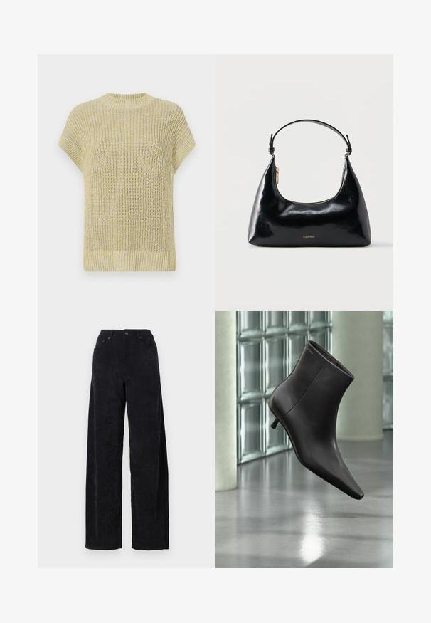 Haut en tricot à manches courtes de couleur jaune clair avec de subtils éclats gris. Doté d'un col rond à côtes et d'un tissu texturé avec une coupe décontractée.; Pantalon large en corduroy noir avec taille haute, doté de deux poches avant et d'une texture à côtes verticales subtile.; Bottine en cuir noir avec bout pointu et petit talon, présentée devant un mur en blocs de verre et un sol poli.; Sac à main Calvin Klein noir brillant avec fermeture éclair dorée et anse courte sur fond blanc uni.