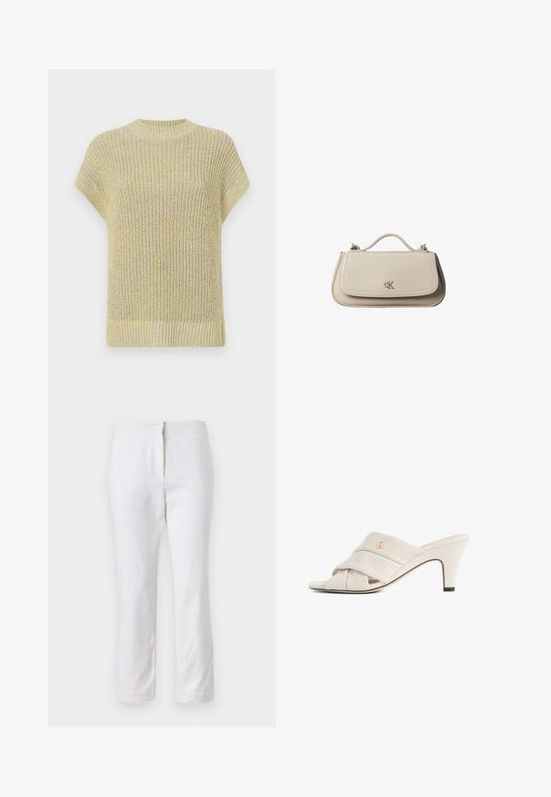 Top de punto de manga corta en amarillo claro con sutiles motas grises. Presenta un cuello redondo acanalado y una tela texturada con un ajuste holgado.; Pantalones de algodón blancos con un diseño de pierna recta, que cuentan con una cintura de media altura y sin herrajes o patrones visibles. Textura suave en todo su recorrido.; Mules de tacón alto beige con diseño de tira de cuero torcida, punta abierta y detalle de logotipo en relieve. El tacón tiene un detalle en punta negra.; Pequeño bolso de mano de cuero beige con asa superior y logo plateado de CK en la solapa frontal, mostrado sobre un fondo blanco.