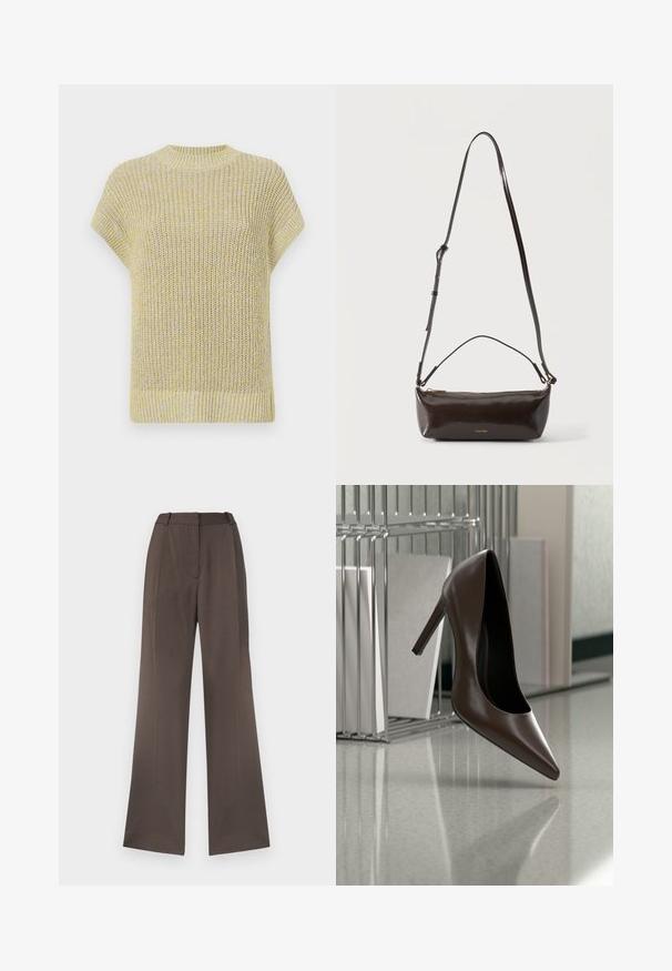 Top de punto de manga corta en amarillo claro con sutiles motas grises. Presenta un cuello redondo acanalado y una tela texturada con un ajuste holgado.; Pantalones de pierna ancha en una tela marrón sólida, con una textura suave, lazos para cinturón, pliegue frontal y sin bolsillos visibles.; Zapato de cuero marrón oscuro con tacón alto flotando sobre un suelo reflectante junto a un estante metálico con paneles blancos en una habitación.; Pequeño bolso de hombro de cuero marrón oscuro brillante con correa ajustable, asa superior y cierre de cremallera dorado.