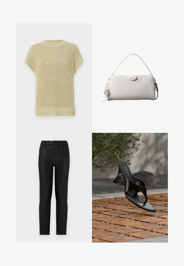 Strikket kortærmet top i lys gul med subtile grå fnug. Har en ribbet rund halsudskæring og tekstureret stof med en løs pasform.; Sorte denim jeans med slim fit, der har høj talje, klassisk fem-lomme design og en subtil glans-struktur. Standard frontknaplukning.; Sort Calvin Klein hæl-sandal med åben tå, der svæver over en udendørs flisebelagt overflade med grønne planter og en betonvæg i baggrunden.; Hvid rektangulær Calvin Klein håndtaske med enkelt håndtag, minimalistisk design og dekorative kvaster med geometrisk metalvedhæng på siden.