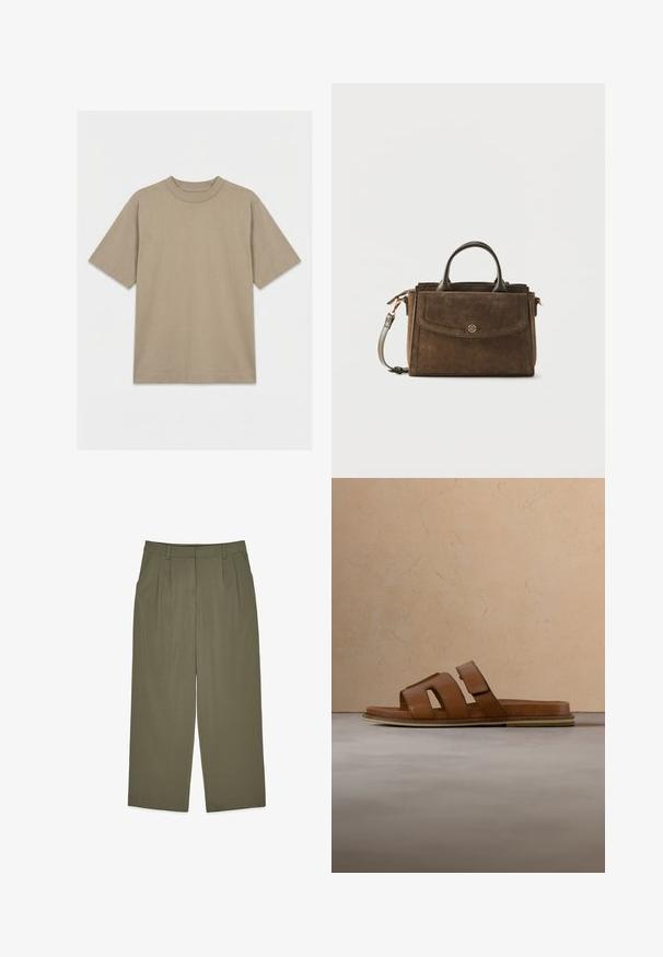 Schlichtes beige T-Shirt mit kurzen Ärmeln und Rundhalsausschnitt, flach auf weißem Hintergrund liegend, ohne Muster oder Logos sichtbar.; Olivgrüne High-Waist-Hosen mit Gürtelschlaufen, vorderen Falten, Seitentaschen und weitem Bein, flach auf weißem Hintergrund präsentiert.; Braune Ledersandale mit drei Riemen, flacher Sohle, feinen Nähten und rundem Zehenbereich. Schwebt über einer strukturierten beigen Oberfläche.; Braune Wildleder-Handtasche mit oberen Griffen, vordere Klappentasche mit Knopfdetail und abnehmbarem Schulterriemen auf einfachem Hintergrund.