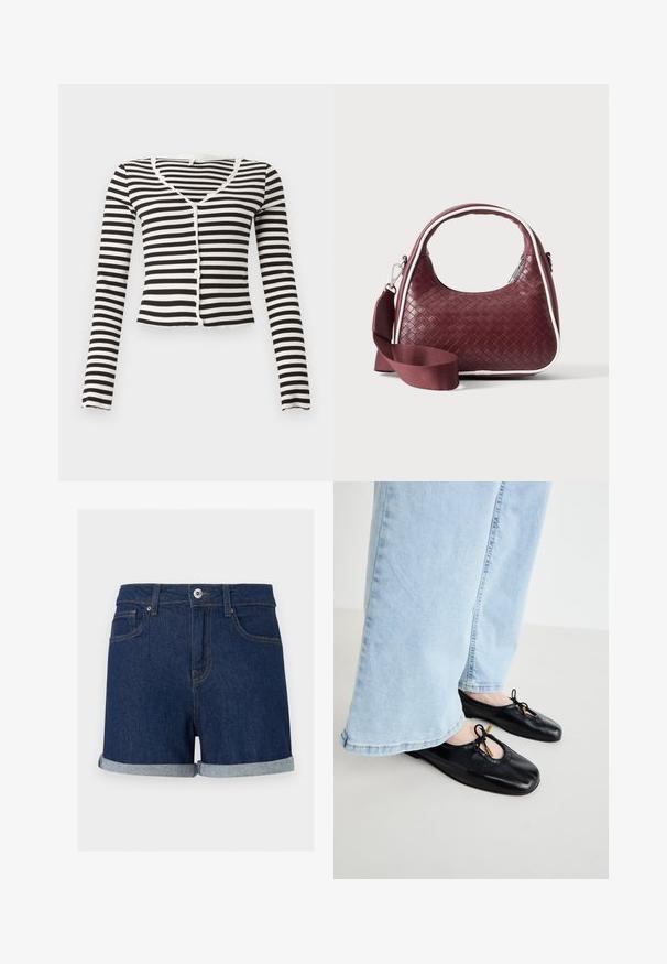 Zwart-wit horizontaal gestreepte cropped cardigan met lange mouwen, V-hals en knopen aan de voorkant op een effen achtergrond.; Donkerblauwe denim shorts met omgeslagen zomen, voorste knoop- en ritssluiting en voorzakken op een effen achtergrond.; Zwarte leren ballerina's met een ronde neus, voorzien van een uitsnede en strikdetail, gedragen met lichtblauwe wijdgesneden jeans.; Donkerrode geweven leren handtas met gebogen handvat, witte bies, zilveren rits en afneembare brede stoffen schouderriem tegen een effen achtergrond.