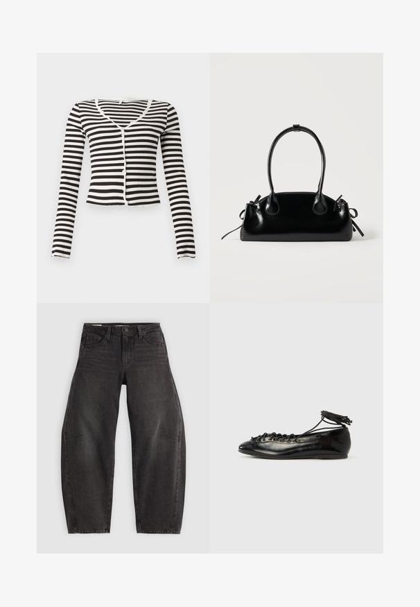 Zwart-wit horizontaal gestreepte cropped cardigan met lange mouwen, V-hals en knopen aan de voorkant op een effen achtergrond.; Zwarte denim jeans met een relaxed fit, voorzien van vijf zakken, een knoopsluiting en subtiele vervaging. De stof heeft een soepele, stevige textuur.; Zwarte ballerina's van lakleer met een afgeronde neus, veterdesign en een platte zool. Glad oppervlak met minimale details.; Kleine zwarte glanzende handtas met twee lange hengsels en zijkant trekkoord details op een effen lichte achtergrond.
