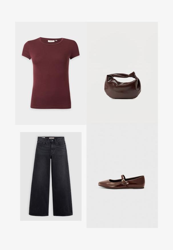 Bordeauxrød fitted t-shirt med korte ærmer og rund hals, vist på en ensfarvet baggrund.; Bredbenede sorte jeans lavet af denim, med høj talje, fem lomme-design og subtilt slid langs forsiden.; Brun patentlæder balletflade med firkantet tå og strop med en lille guldbuckle. Glat tekstur, lav hæl og minimalistisk design.; Mørkebrun læder skuldertaske med en blød, afslappet form og et snoet knudehåndtag på en ensartet hvid baggrund.