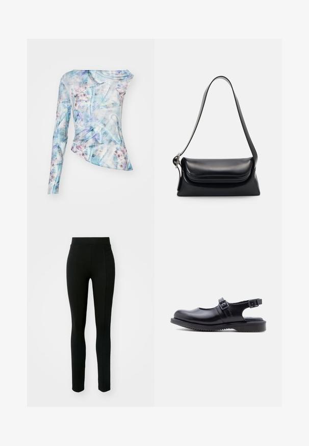 Asymmetrisches Langarmshirt in einem blauen und pinken abstrahierten Muster, mit geraffter Textur und Rundhalsausschnitt. Hergestellt aus leichtem Stoff.; Schwarze Leggings aus dehnbarem Material, mit hohem Bund, schmaler Passform und zwei Vordertaschen ohne sichtbare Nähte.; Schwarzer Lederschuh im Mary-Jane-Stil mit zwei verstellbaren Schnallenriemen und einer dicken, profilierten Gummisohle.; Schwarze Lederhandtasche mit strukturiertem Design, glatter Textur und einem einzelnen Schulterriemen. Verfügt über ein dezentes, abgerundetes Klappendesign.